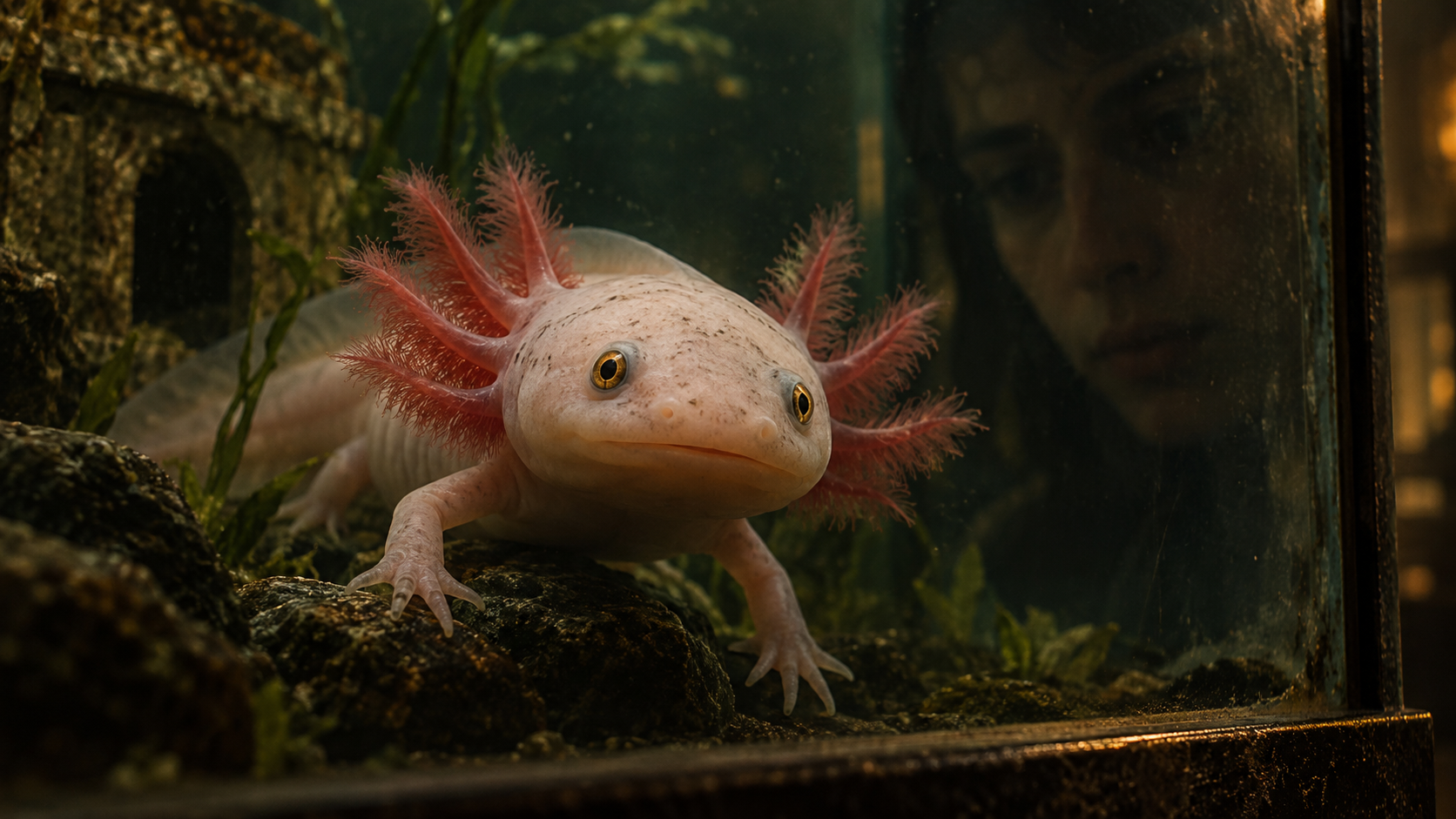 Ilustração interpretativa: Um axolotl no aquário; olhos dourados e reflexo discreto de um observador.