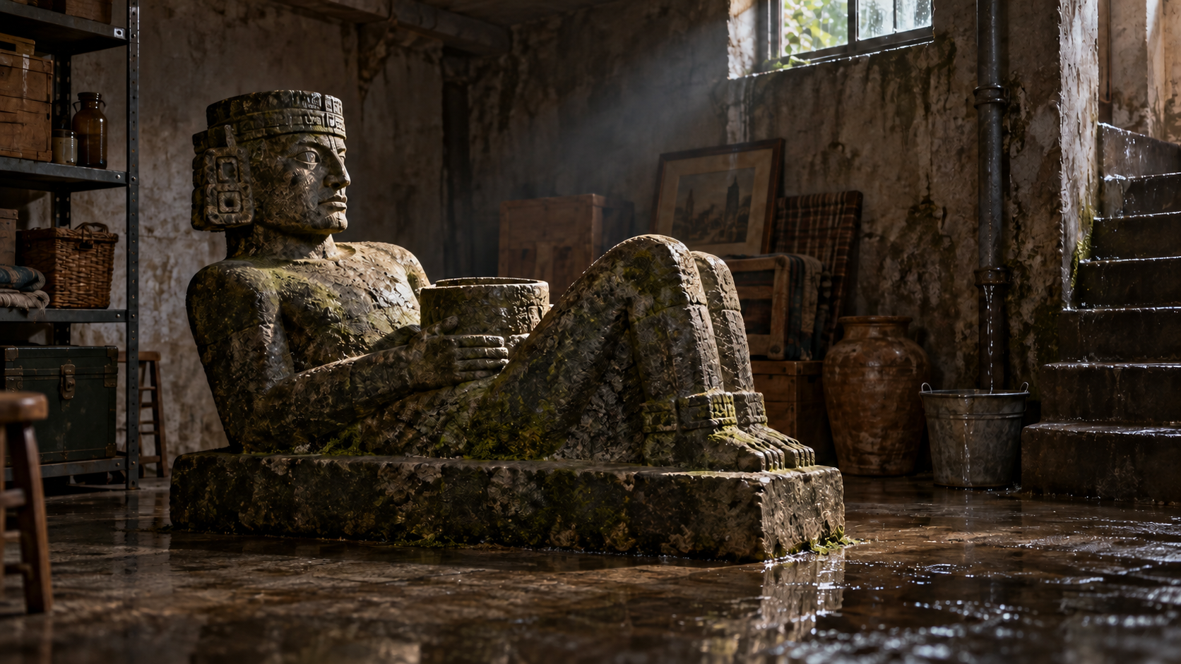 Ilustração interpretativa: Escultura reclinada de Chac Mool em um porão doméstico úmido.