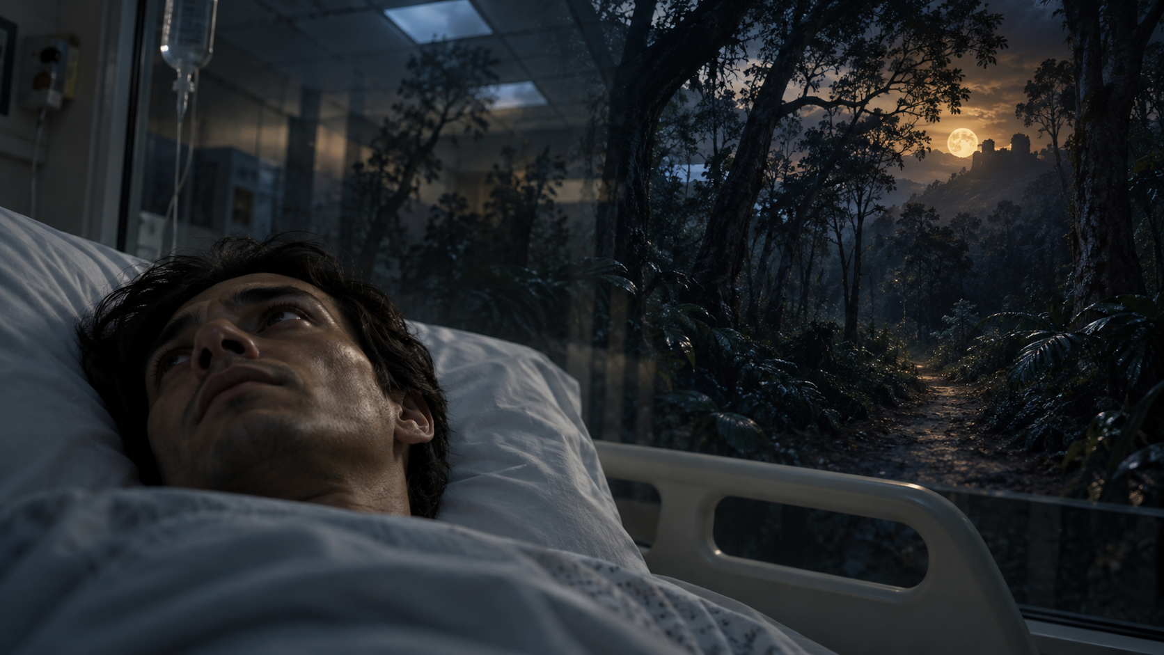 Ilustração interpretativa: Elementos de um quarto de hospital se sobrepõem sutilmente a uma floresta noturna.