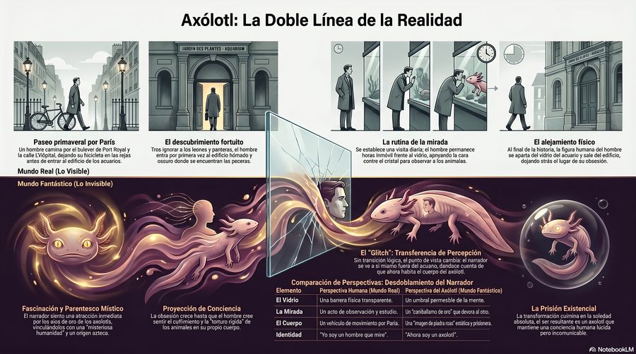 Axolotl — A dupla linha da realidade: acima, os quatro momentos visíveis em Paris; abaixo, a transferência de percepç…