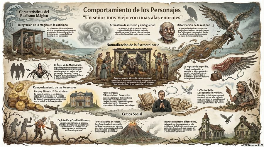 Un señor muy viejo — Como cada personagem reage ao anjo — Pelayo e Elisenda, o padre Gonzaga, a vizinha sábia — e a c…