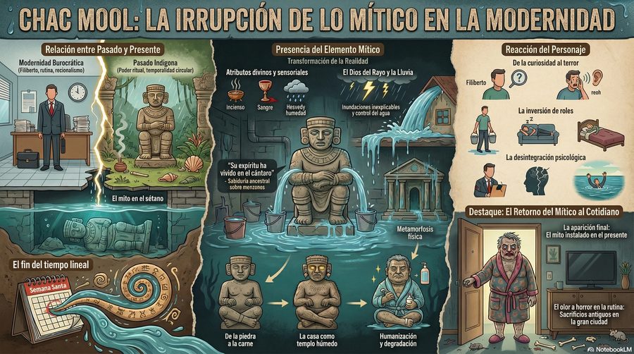 Chac Mool — A irrupção do mítico na modernidade: o passado indígena sob o porão burocrático, a estátua que vira carne…