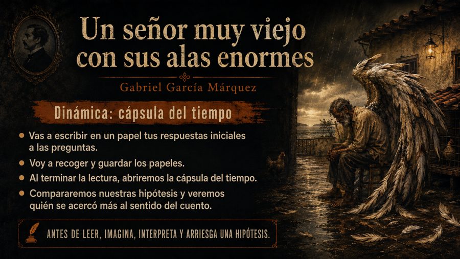 Un señor muy viejo · antes da leitura — Cápsula do tempo: eles escrevem as hipóteses, você guarda, e a cápsula só abr…