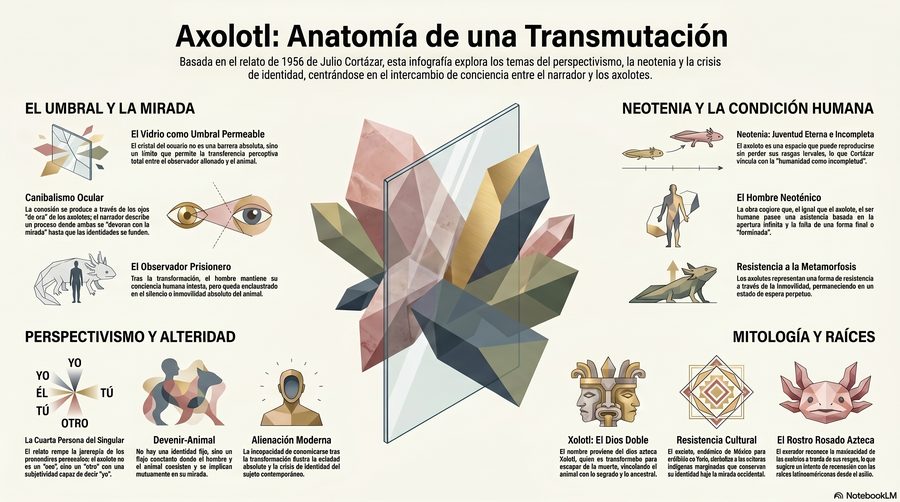 Axolotl — O vidro como umbral permeável: perspectivismo e alteridade, a neotenia como condição humana e a raiz asteca…