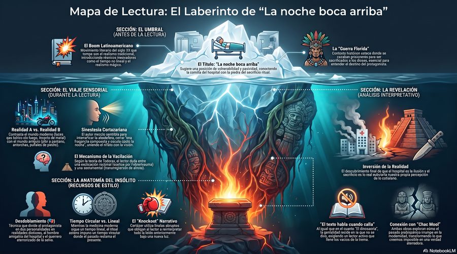 La noche boca arriba — Mapa em quatro tempos: o umbral antes de ler, a viagem sensorial durante, a revelação interpre…