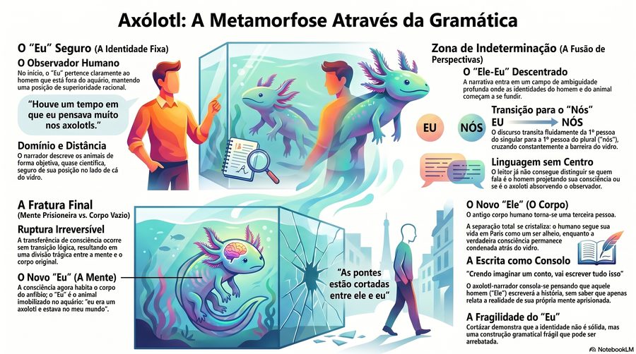 Axolotl — A metamorfose contada pela gramática: o "eu" seguro vira "ele-eu", passa a "nós" e termina em "ele" — a ide…