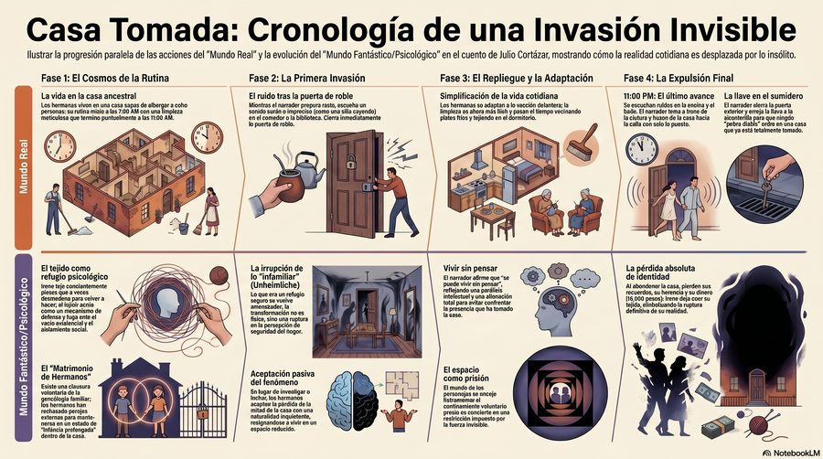 Casa tomada — As quatro fases da invasão em duas faixas paralelas: o que acontece no mundo real e o que acontece no m…