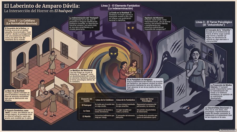 El huésped — As três linhas do conto lado a lado: o cotidiano, o fantástico e o terror psicológico